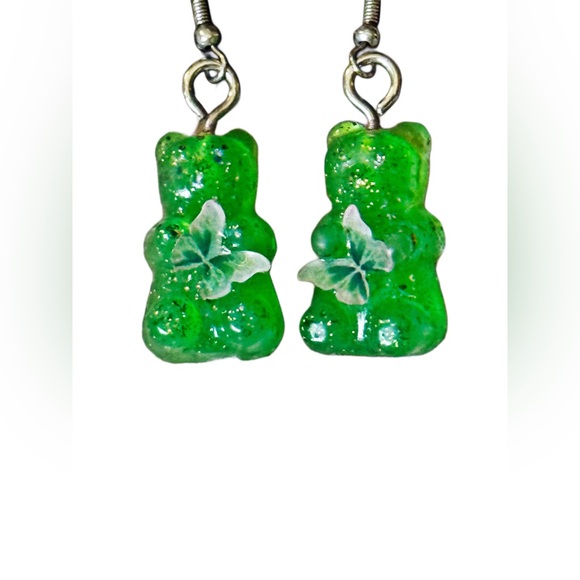 Green Glam Gummy Bear Butterfly Resin Earrings - Picture 9 of 9